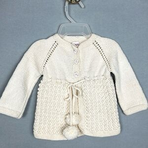 Baby Girl Knit Cardigan by Beberavi Merino Wool Cream Pom Pom Tie NWT 6 months